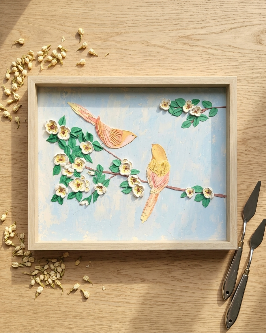 Decorative wall art with 3D birds and flowers in a wooden frame.